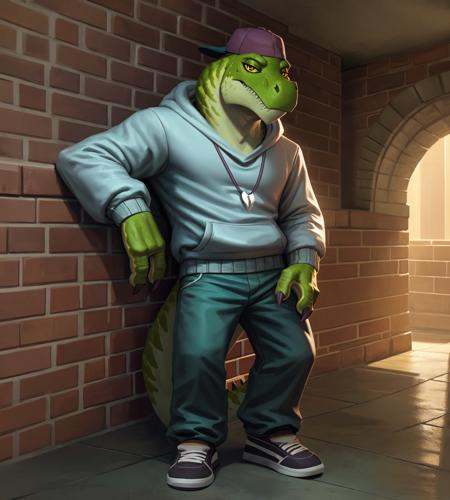 this photograph depicts a kan3 leaning casually back against a brick wall,  kan3,  scalie on Tensor.Art