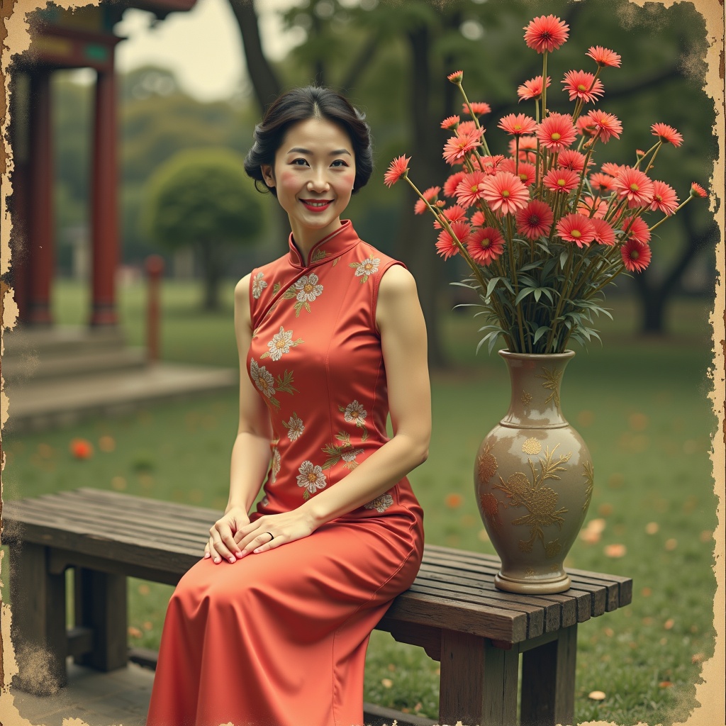 there is a woman sitting on a bench with a vase of flowers,vintage technicolor film photo,vivid vintage coloring,traditional chinese clothing,ann long,chinese dress,cheongsam,1930s style clothing,wearing a red cheongsam,cinestill eastmancolor,8k artistic 1920s photography,palace,a girl in hanfu,vintage color photo,vintage color,color vintage,old color photograph,1940's photography,wearing ancient chinese clothes,traditional chinese,traditional photography,traditional chinese textures,qing dynasty,1930s film,vintage fashion,Zhang Shunzi,a colorized photo,Song Maojin,beautiful oriental woman,retro vintage and romanticism,a young asian woman,chinese woman,beautiful render of tang dynasty,chinese empress,