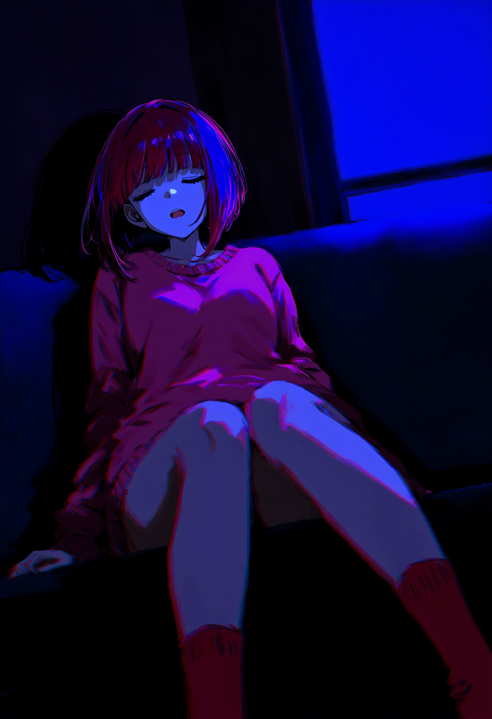 1girl, arima kana, oshi no ko, solo, sleeping, casual, dark, darkness, on couch, dark room, closed eyes, open mouth, close up, leaning, night, indoors, knees together feet apart, leaning back, no pants, pink sweater, red socks, shadow, sitting, socks, sweater, teeth, upper teeth only, wall, window, window shadow, wrinkled fabric, sensitive, dutch angle, depth of field, chromatic aberration, faux traditional media, painterly, impressionism, photo background, masterpiece, high score, great score, absurdres