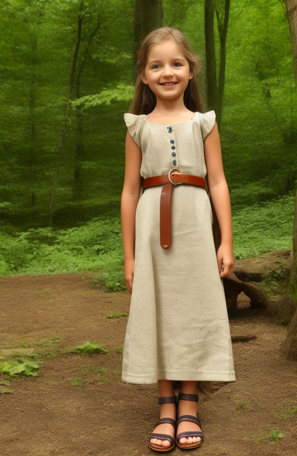 6 yo cute child girl,  Long linen dress with leather belt,  buckles and buttons on Tensor.Art