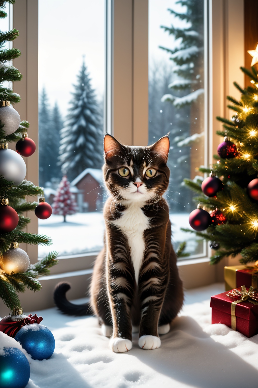 <lora:AgainChristmas_v1:0.6>, no humans, cat, snow, christmas tree, window, snowing, indoors, christmas ornaments