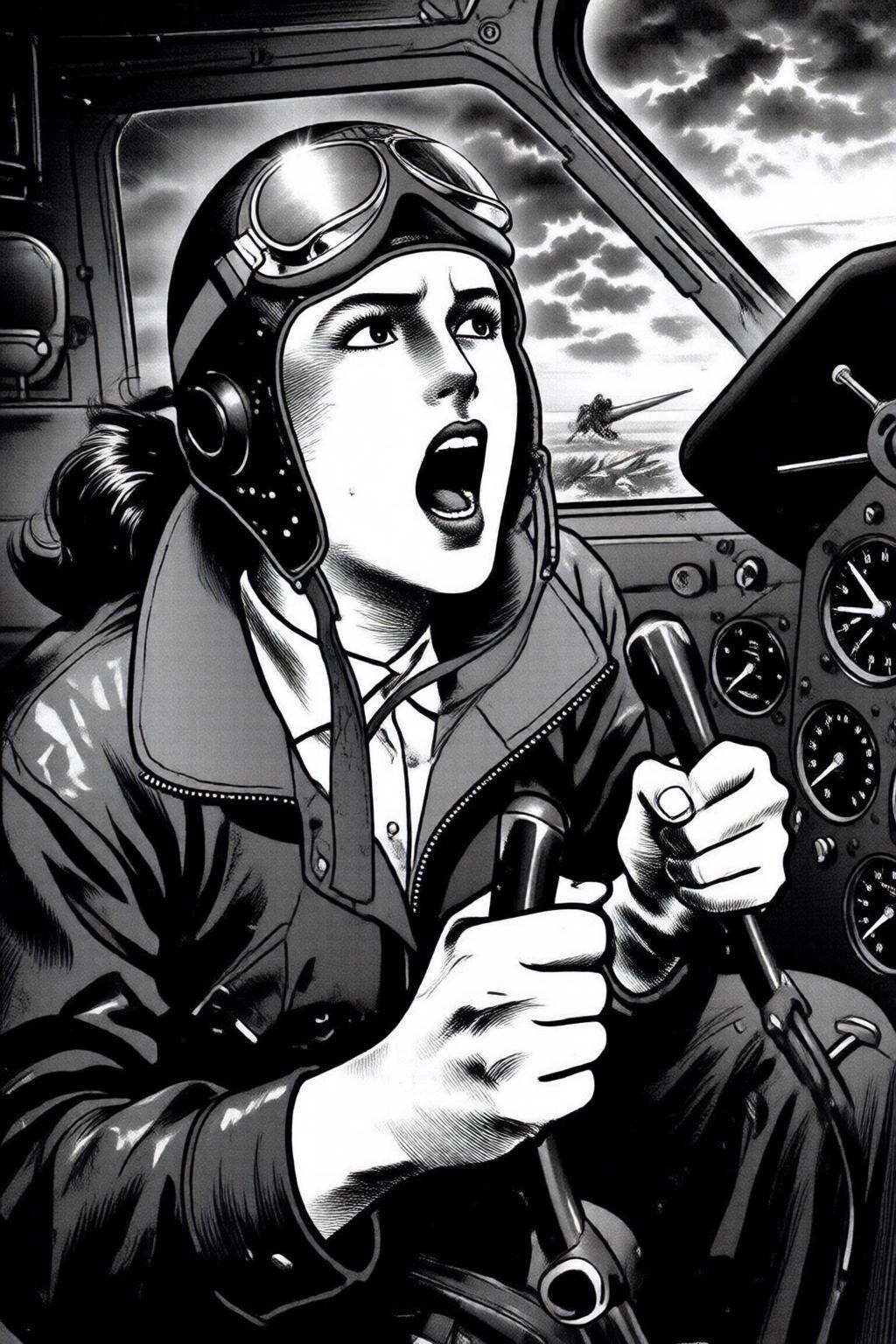 ryoichiikegami2q illustration.A female pilot screaming inside the cockpit of a World War II bomber. The pilot,  wearing a...