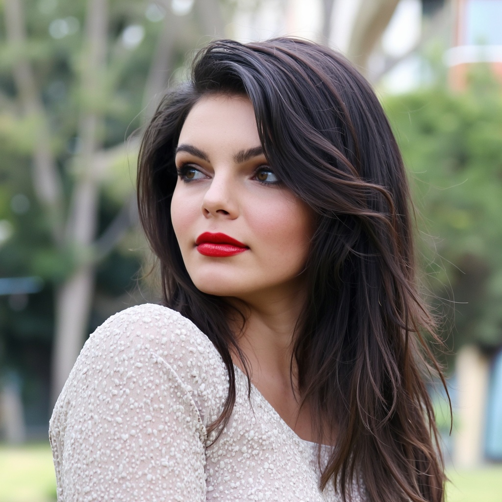 A portrait camren_bicondova outdoors, captured in a side profile. She has long, dark hair and wears a light-colored, patterned blouse. Her makeup is subtle, featuring bold red lipstick and smoky eyeshadow. The background is blurred, with trees and a building visible, suggesting a park or urban setting. The image style is candid and natural, emphasizing the subject's natural beauty and contemplation.