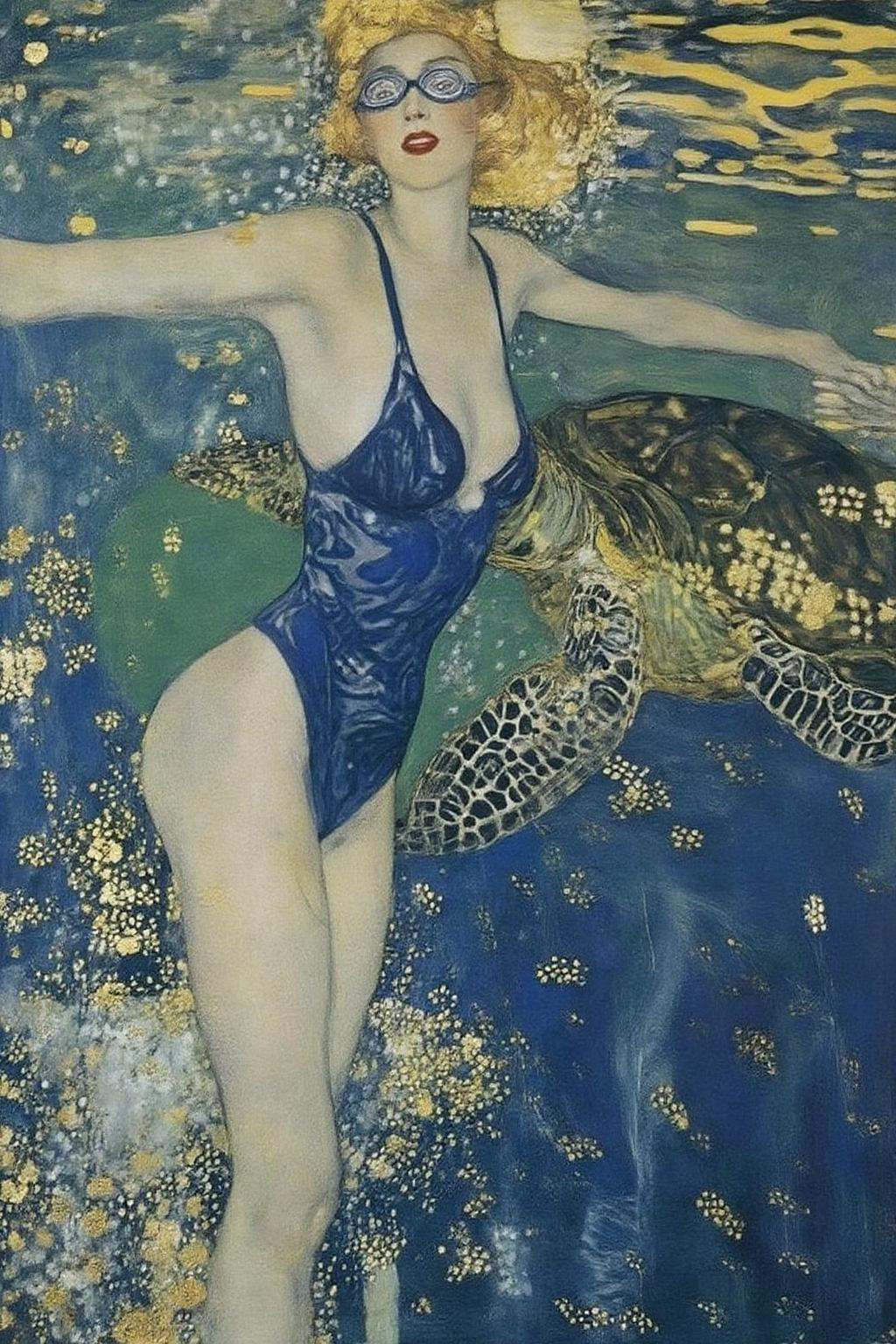 kl1mt painting. a woman swimming underwater. The woman is wearing a blue one piece swimsuit,  and she is wearing goggles o...