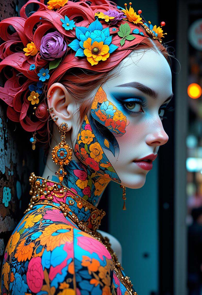 Create photographs that blend surreal artificiality with the vibrant,  raw humanity of urban life,  where calculated struc...