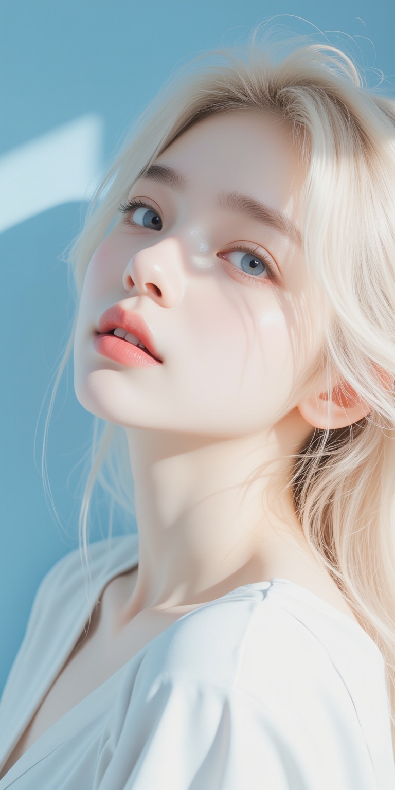 a medium-angle shot of a woman's face is depicted in a close-up shot. The woman's eyes are a piercing blue and her long wavy blonde hair cascades over her shoulders. Her lips are a vibrant shade of pink adding a pop of color to the scene. The backdrop is a light blue creating a stark contrast to the woman's white skin. The shadow of the woman is cast on the left side of the image adding depth to the composition.