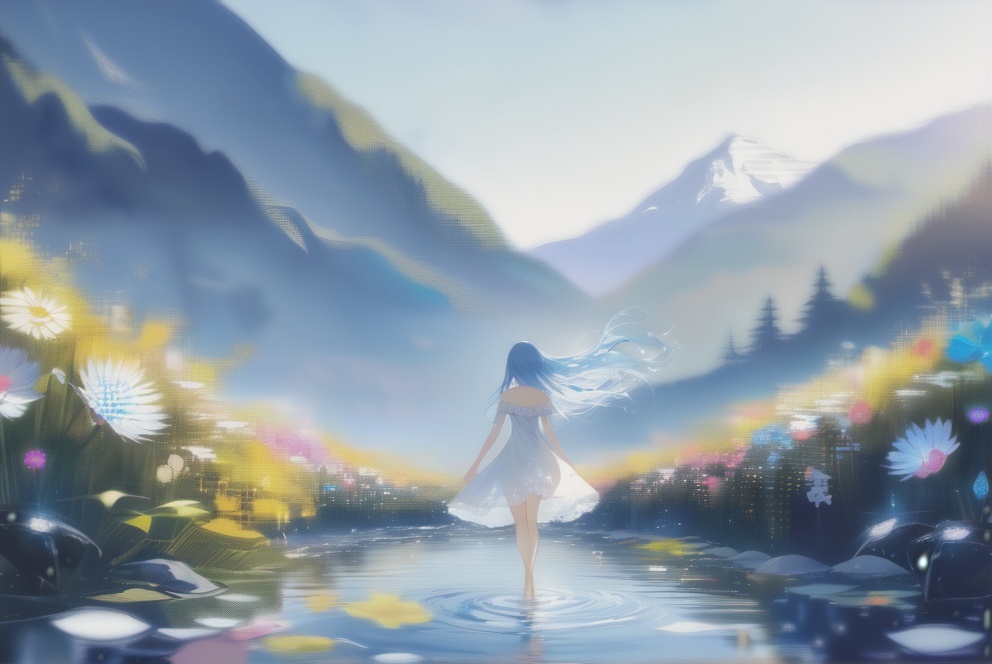(masterpiece),(best quality),illustration,ultra detailed,hdr,depth of field,(colorful),[artist:wlop],[[artist:sheya]],artist:hiten_(hitenkei),absurdres,4K,extreme detail,panorama,high viewing angle,flower sea plain,colorful flower sea,breeze,a clear stream,shallow stream,mountains in the distance,blue sky shining on the water,rich environmental detailsA girl,blue hair,straight long hair,blue eyes,clear and bright eyes,slender figure,elf earsWearing a white simple dress,off the shoulder,bare_legs,barefoot,Walking in streams,treading water,head_down,light movements,