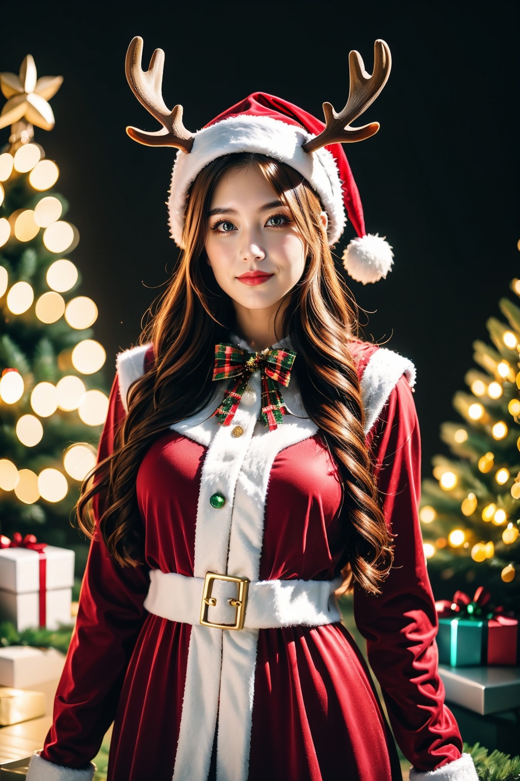 <lora:AgainChristmas_v1:0.6>, 1girl, solo, hat, christmas, santa hat, christmas tree, long hair, brown hair, breasts, dress, realistic, santa costume, antlers