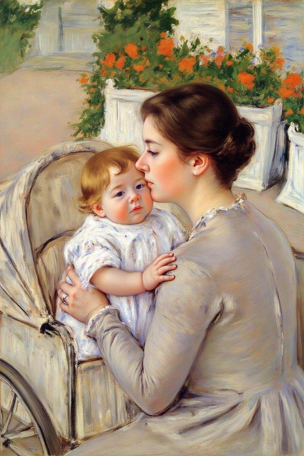 marycassatt1 painting.A tender moment between a woman and a baby. The scene is set outdoorsin a garden The woman is show i...