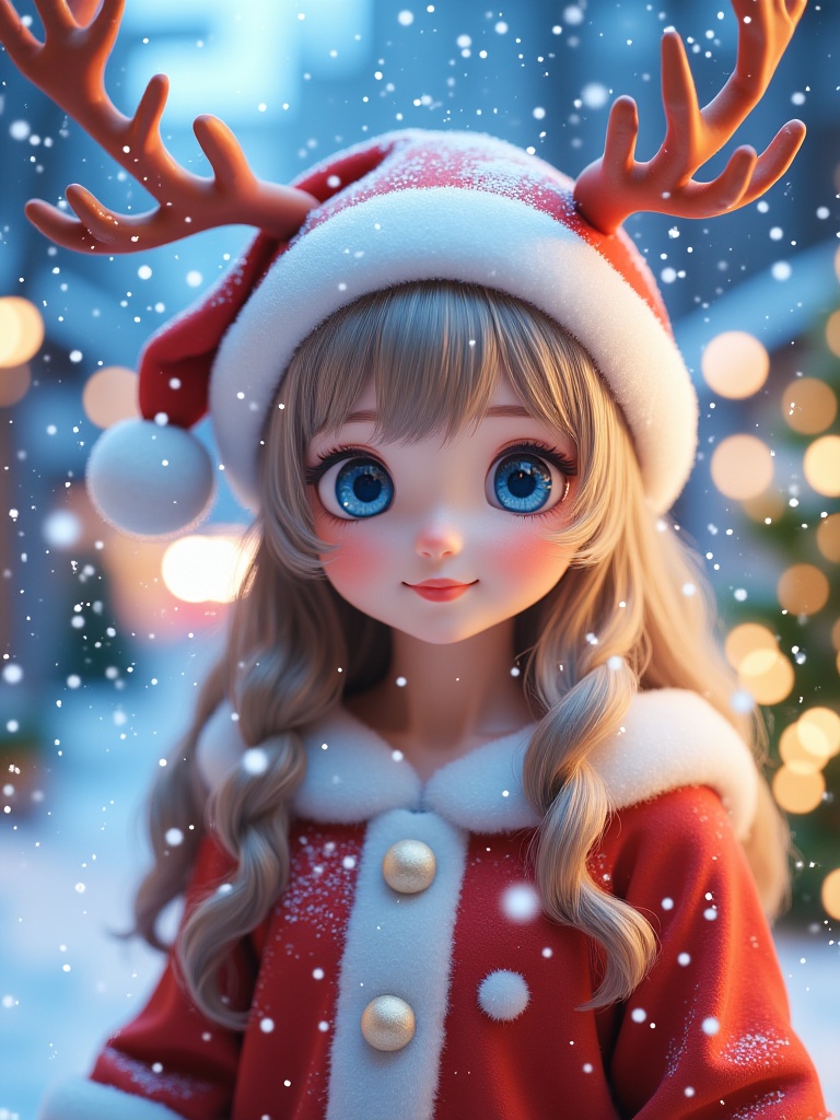 miluo_sdj, snow, blue eyes, sfw, reindeer, santa costume, photoshop (medium), 1girl, christmas, original, female_solo, santa hat, reindeer costume, hat, christmas lights, snowing, reindeer_ears, christmas tree, reindeer_ears_on_head, reindeer_ears_on_head, santa hat removed, santa hat on head, christmas tree lights, santa hat on head removed, long_hair, christmas lights on head, santa hat on head removed, santa hat on head removed <lora:miluo丨圣诞场景-卡通世界-flux-1.3:1>
