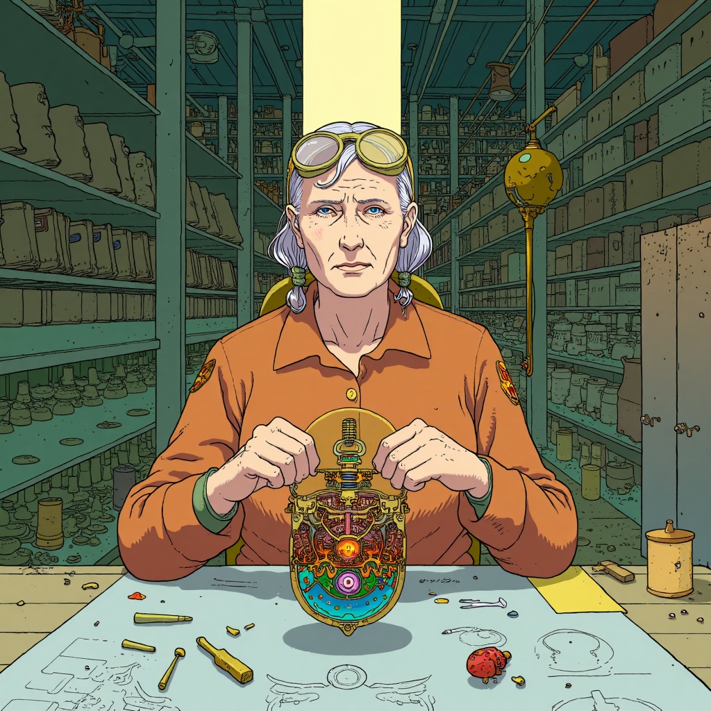 cartoon moebius illustration in mb artstyle of an elderly woman inventor in her cluttered mechanical workshop at dawn,  su...