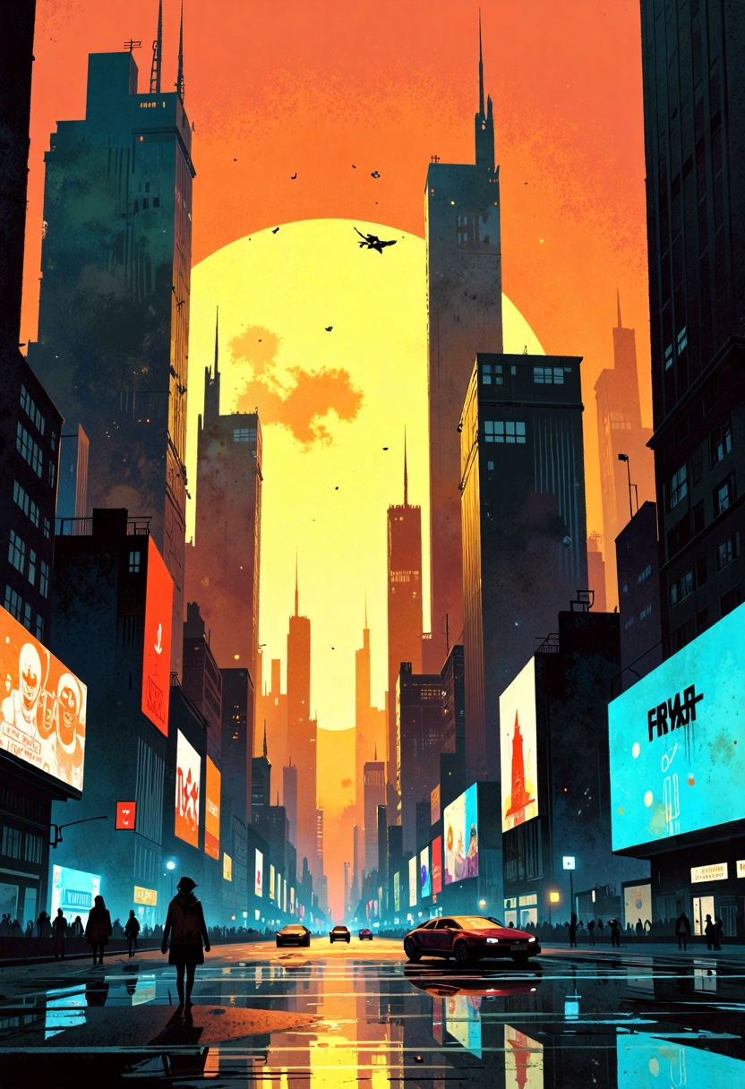 ppstorybook,  A futuristic cityscape at sunset,  with towering glass skyscrapers reflecting golden light on Tensor.Art