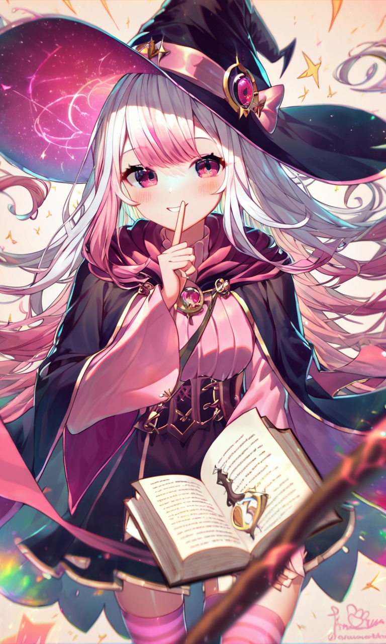 score_9,score_8_up,score_7_up,score_6_up,1 girl, solo,solo focus,girl focus,face focus, 1girl,solo,girl focu,solo focus,face focus, white hair,very long hair,multicolored hair, gradient hair,pink hair tips,pink eyes, pink witch hat,long sleeves,dress,cape,wide sleeves,striped thighhighs,boots, holding open book,holding wand, smile,blush, <lora:Pony-ColorBox-Zycc:1>