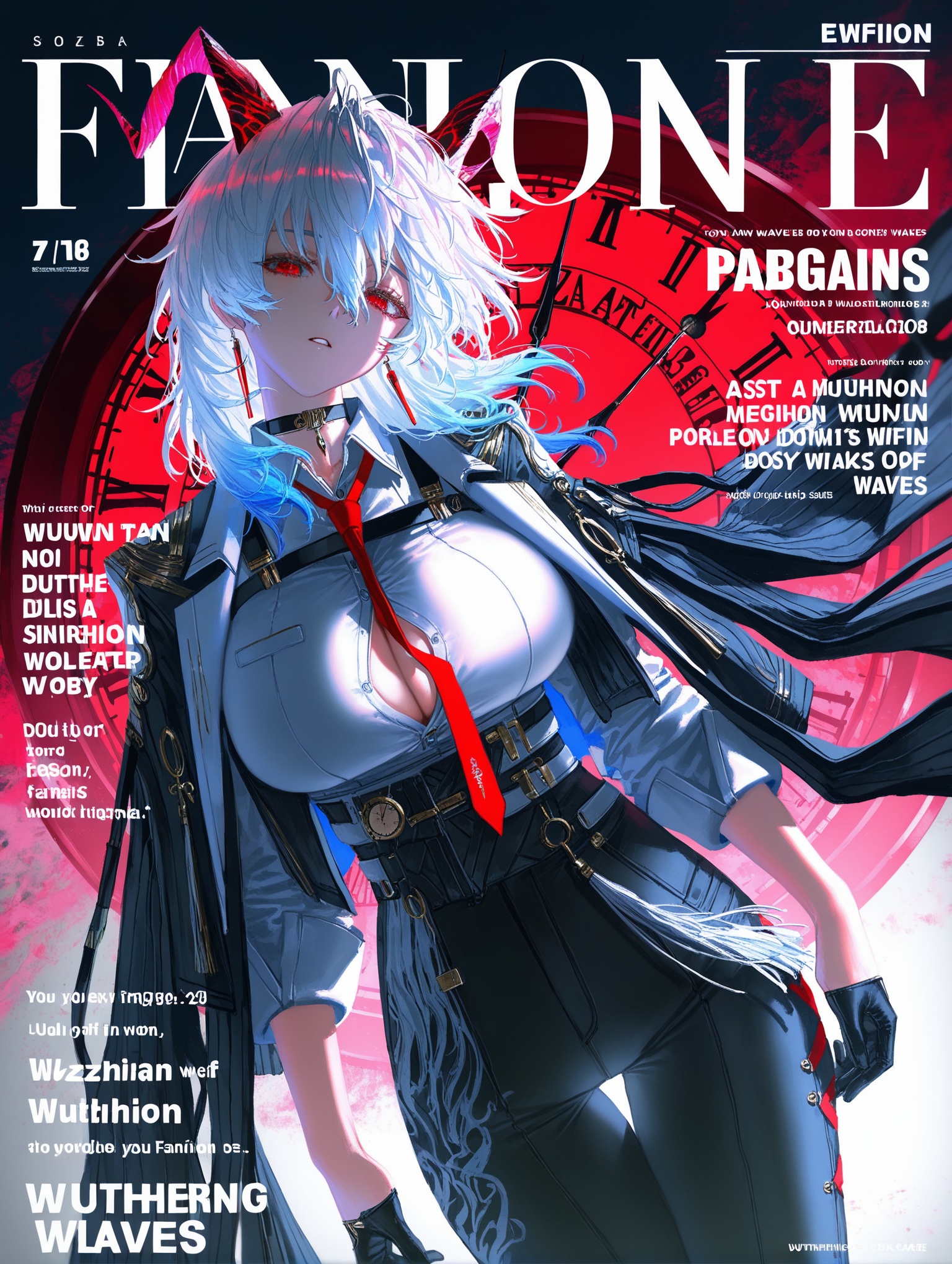 asts,cowboy shot,dutch angle,cinematic,fanshion,vibrant color,gradient hair,abstract background,wuthering waves,clock,(quasarcake:0.7),(yoneyama mai,wlop:0.5),zani \(wuthering waves\),gloves, horns, red necktie, black pants, half gloves,collared shirt, jacket,choker,white hair,,wind,head tilt,parted lips,thigh gap,magazine cover,english text,looking at viewer,((mature female)),large breasts,bursting breasts,cowboy shot,dutch angle,cinematic,fanshion,vibrant color,gradient hair,abstract background,wuthering waves,clock,(quasarcake:0.7),(yoneyama mai,wlop:0.5),,masterpiece,best quality,