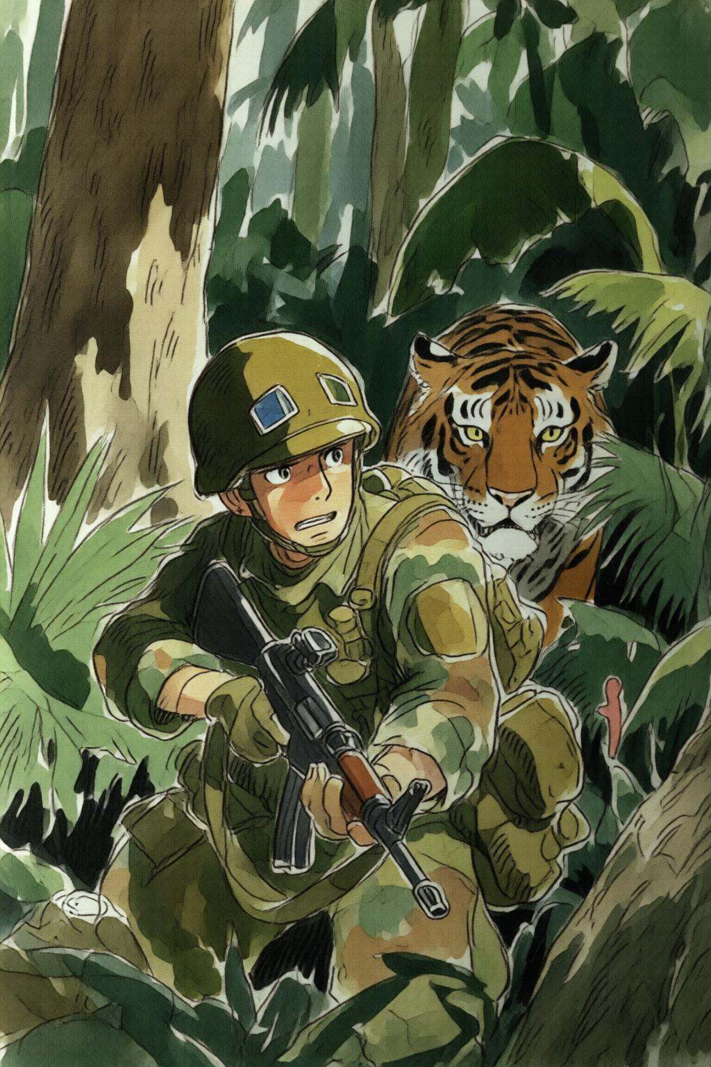 hayaomiyazaki3q illustration.Create a tense jungle scene set in Vietnam,  featuring a dense,  lush environment with thick...