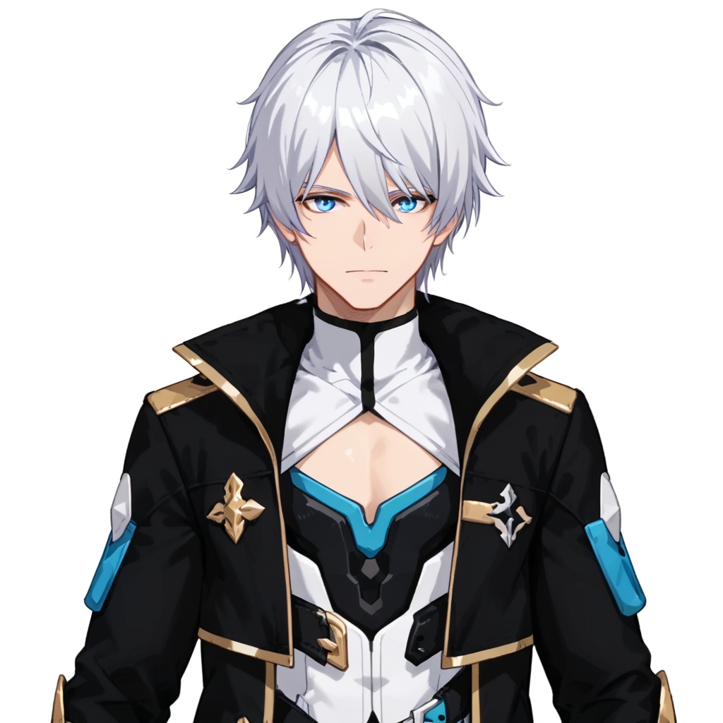 (white background:1.2),looking at viewer,(SOLO:1.4),outline,simple background,upper body, cowboy shot,looking at viewer,(((arms at side))),  kevin, 1boy, male focus, blue eyes, white hair, silver hair, bangs, hair between eyes, open coat, black coat, long sleeves, shirt, jacket, belt, gloves<lora:kevin-cg-pony:0.8>
