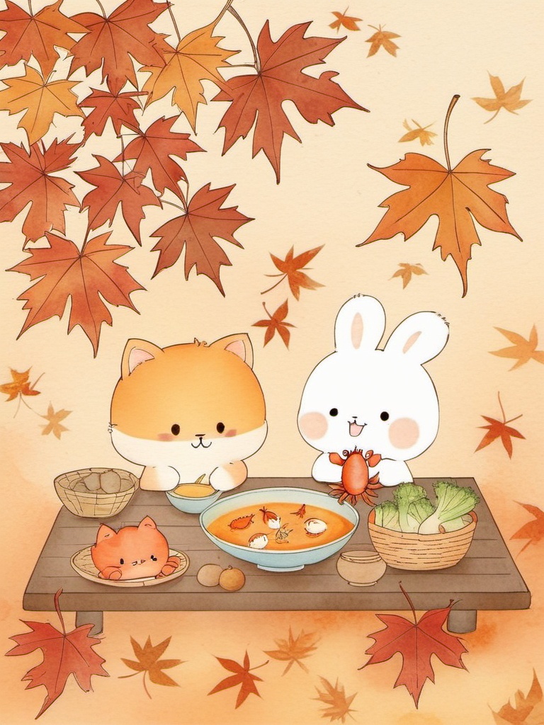 tuzi,A cute, digital watercolor-style drawing features two chibi-style animals: a fluffy, orange and white cat and a white rabbit, both rocking adorable expressions. They're hanging out at a low wooden table, munching on a meal with a bowl of soup, some veggies, and a crab. The background is filled with autumn leaves in reds, oranges, and yellows, and there's a basket with more grub. The vibe is warm and cozy, capturing a chill autumn evening.,<lora:tuzi_v1:0.8>