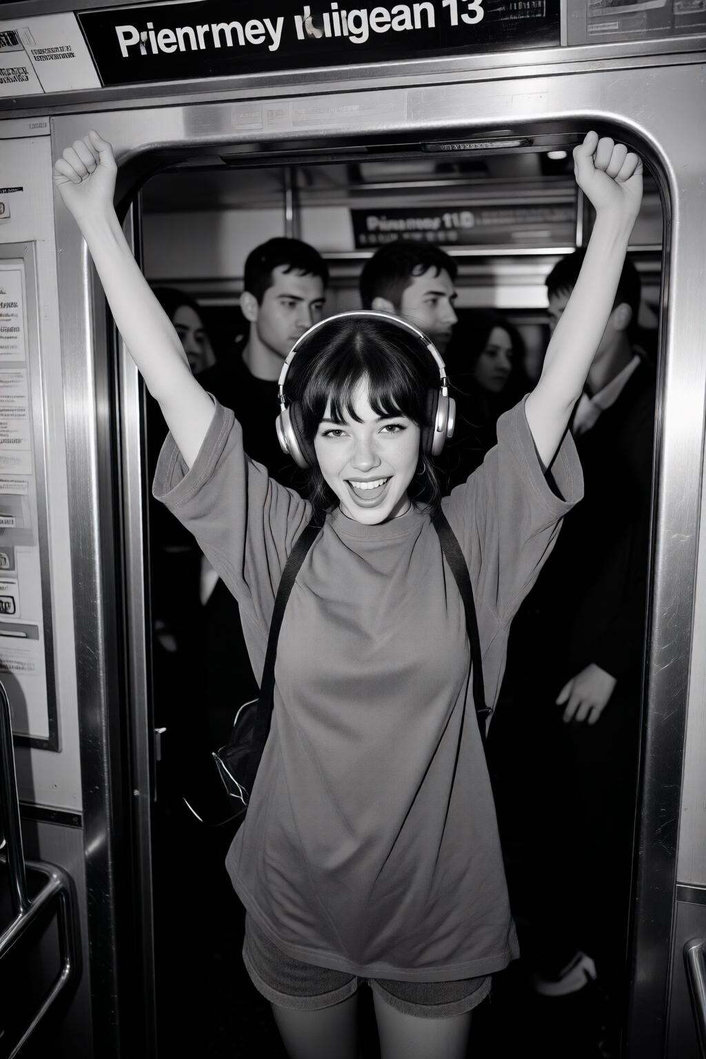 midjourneyhighangle13q High angle view. Black and white photograph of a young woman wearing large headphones and standing...