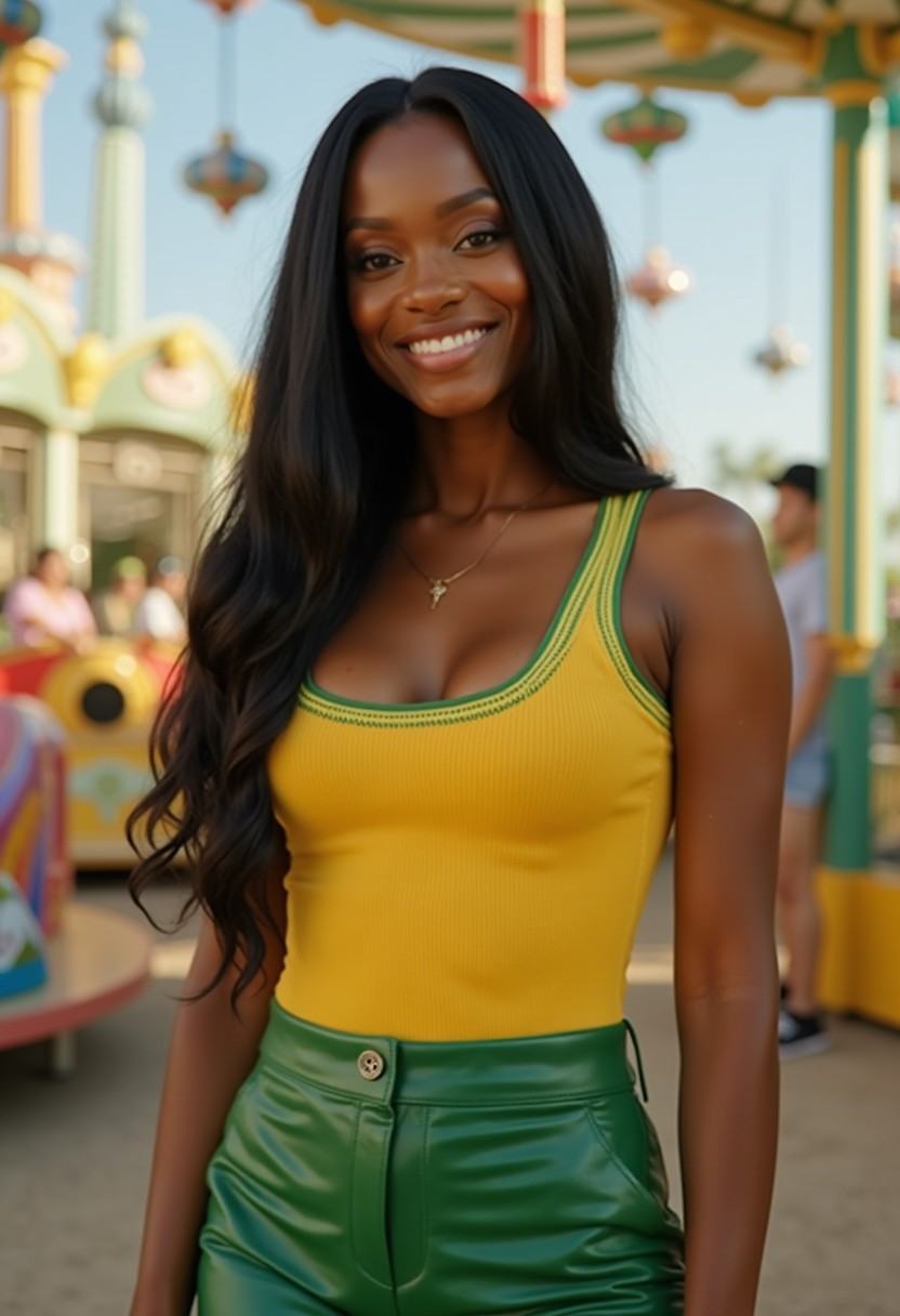 An African American woman with long black hair smiles as she stands in an amusement park wearing a yellow **** top with gr...