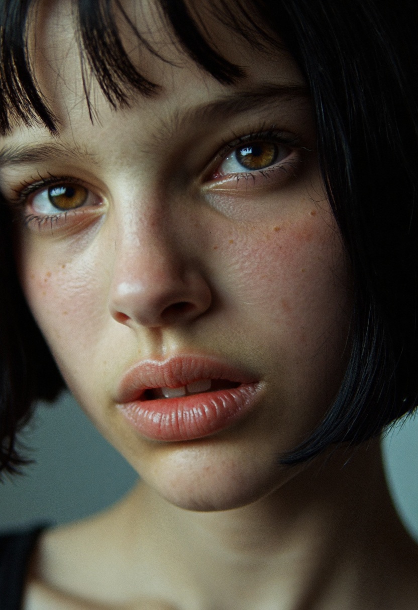 A stunning,  hyper-realistic close-up captures the face of a beautiful Mathilda. Her intense,  beautiful eyes reflect a fi...