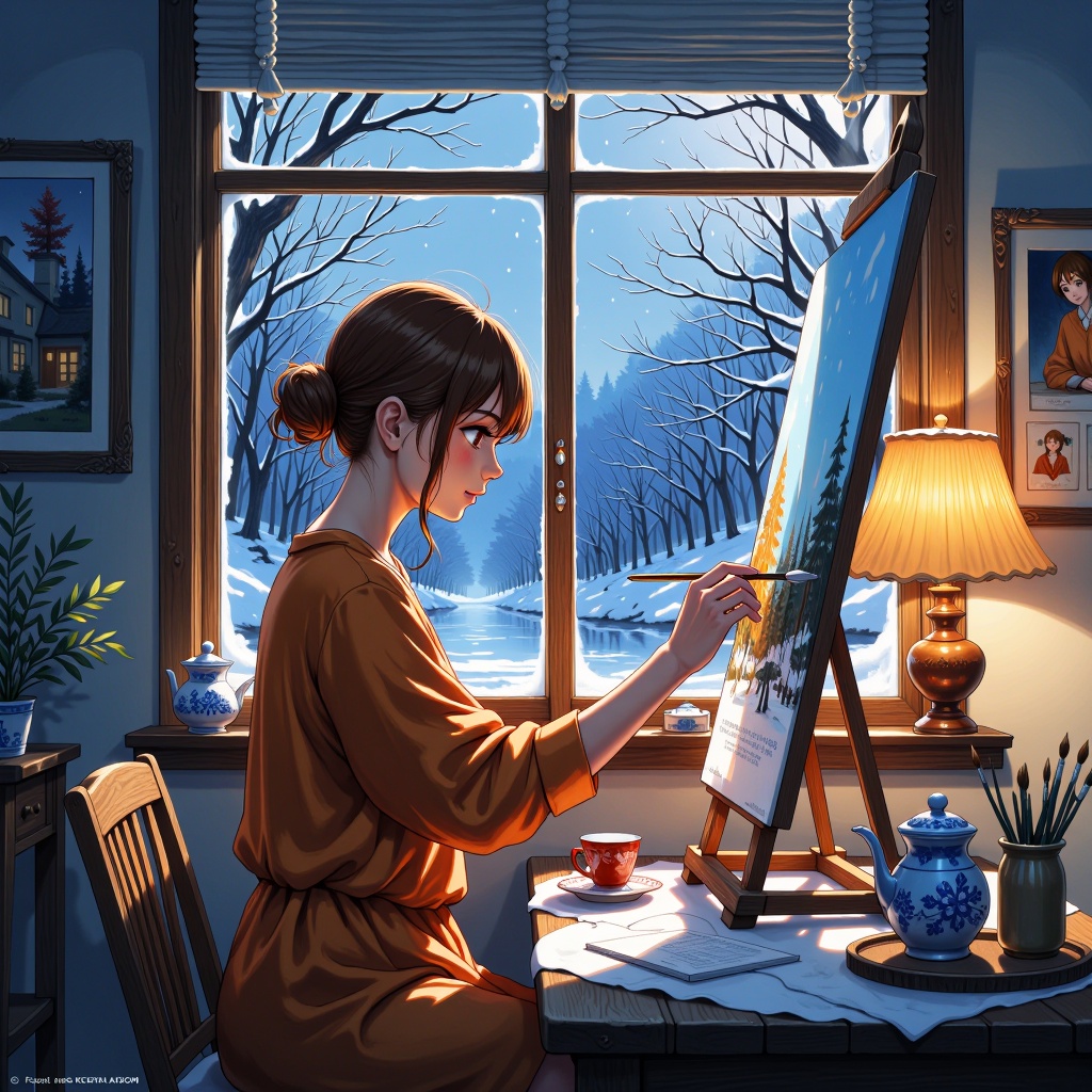 yuma snow white,  The faint neon glow from the rain-streaked window casts shadows across the studio,  amplifying the sense...