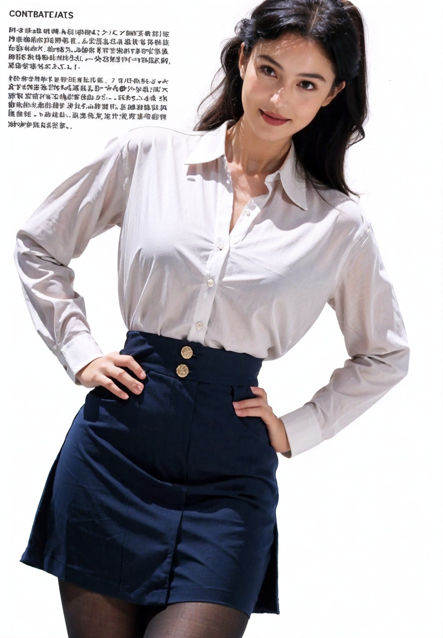 a girl,high resolution, very high resolution, increased detail, sharpness enhancement, detail enhancement, Full body,pantyhose,hand on hip,high-waist skirt,white shirt,smile,