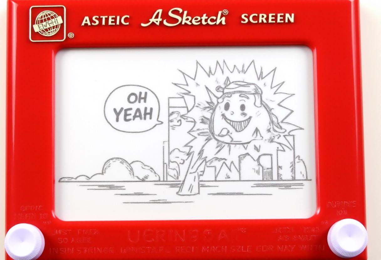 This image is a photograph of a drawing created using the Etch A Sketch toy,  a classic handheld drawing toy that uses a s...