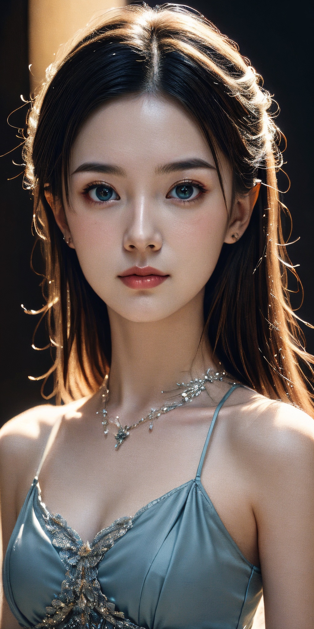 girl,brown eyes,black long hair,realistic skin,skin pores,beautiful,pretty,portrait,dramatic lighting,realistic,closed mouth,halter neck see-through dress,