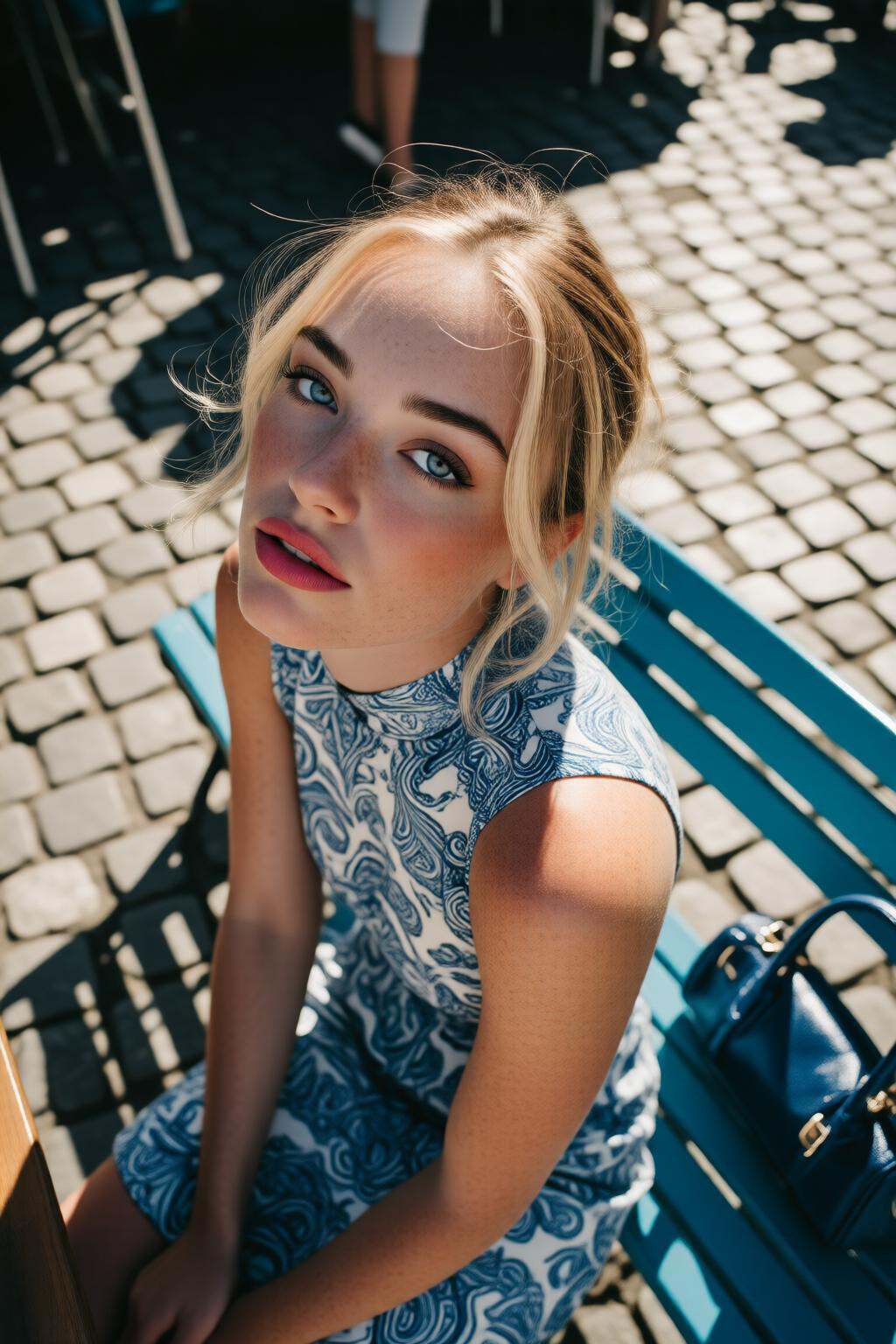 midjourneyhighangle13q High angle view.Close-up of a woman with tied back blond hair standing outdoors. She is wearing a s...