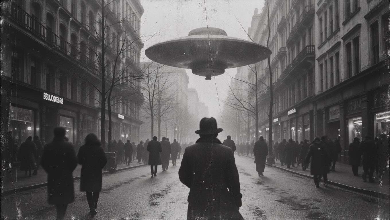 B&W 35mm vintage street photo of an UFO flying in NY on Tensor.Art