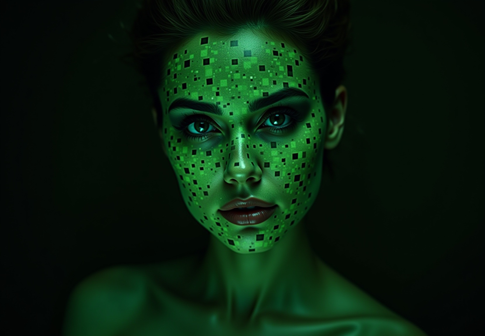 "A green explosion of squares,  geometric patterns and sharp lines that form the portrait of a woman,  visually striking a...