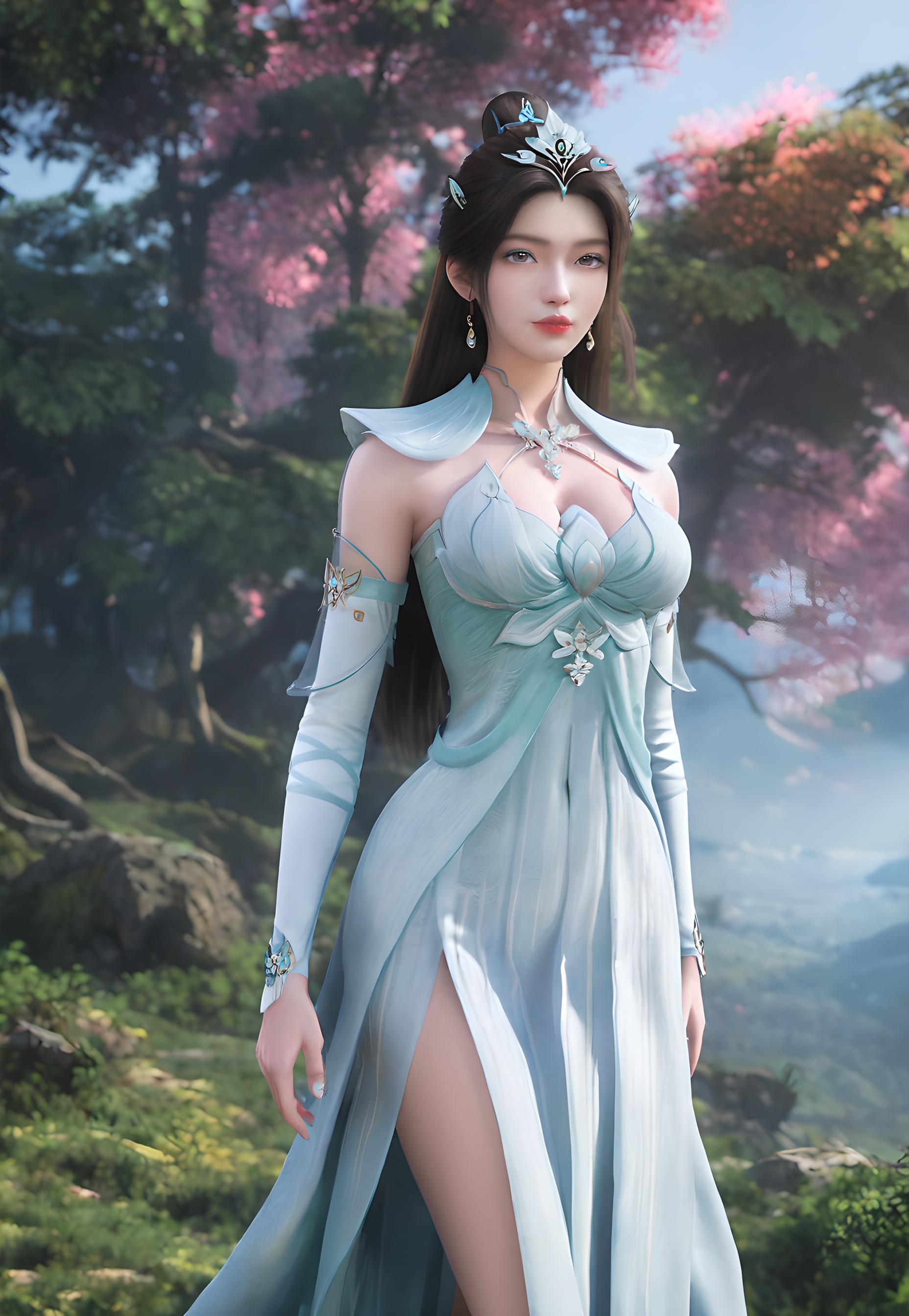 score_9,score_8_up,score_7_up,<lora:SF_YanRuYu_Pony-000003:0.7>,1girl,solo,standing,dress,breasts,large breasts,red lips,jewelry,hair ornament,earring,looking at viewer,white background,