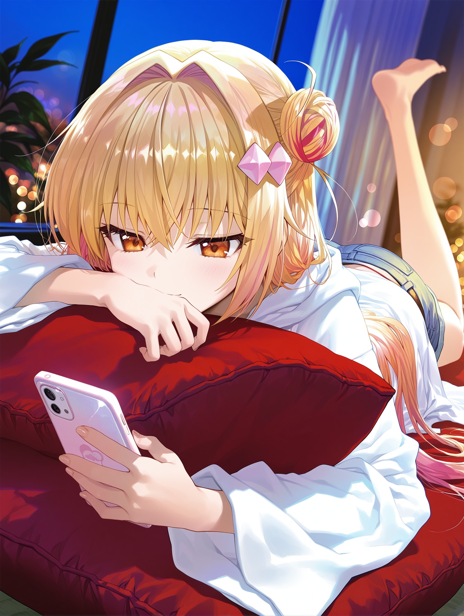 (rurudo:0.8),fuzichoco, (rubi-sama:0.5), nanao naru, 1girl,dynamic angle, dutch angle, (bloom:1.2), half-closed eyes, tsurime, bokeh, lying on stomach, leg up, head rest, barefoot, light smile, looking at smartphone, blonde hair, white robe, denim shorts, hair ornament, multicolored hair, orange eyes, covering mouth, object hug, indoors, evening, night, depth of field, blurry background, window, plant, cushion, curtains, modare, ,masterpiece,best quality,amazing quality,