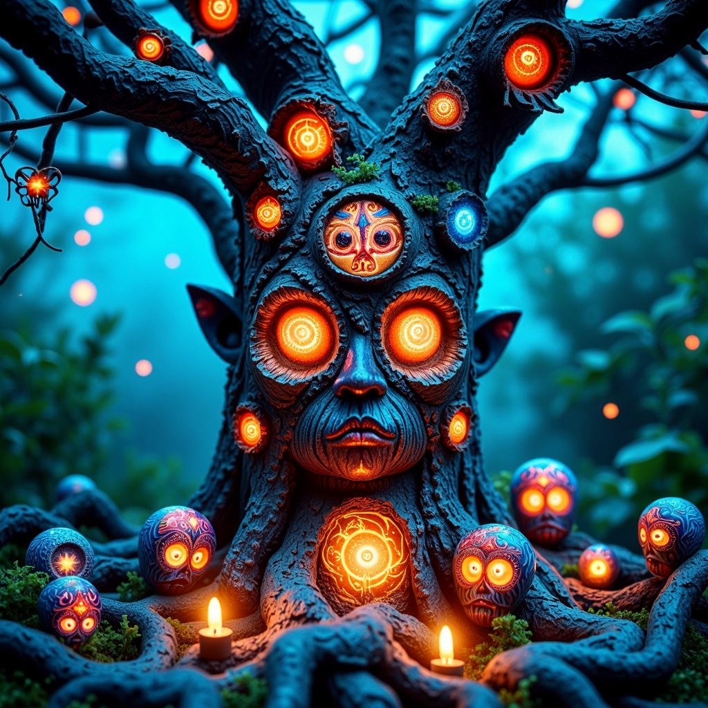 HalloweenGlowStyle Sea Blue themed An ancestral spirit guardian,  depicted as a large ancient tree with faces in the bark,...