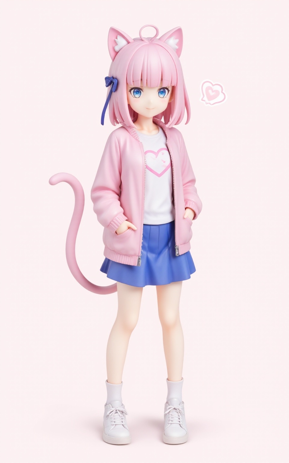pvcstyle,1girl,animal ears, blue skirt, standing, heart, sneakers, jacket, blue ribbon, shoes, skirt, virtual youtuber, shirt, simple background, smile, tail, open clothes, full body, hand in pocket, ribbon, pink hair, blue eyes, closed mouth, pink jacket, open jacket, hair ribbon, blunt bangs, looking at viewer, heart print, medium hair, cat ears, white shirt, solo,masterpiece, newest, absurdres, safe<lora:pvcstyle:1>​​​