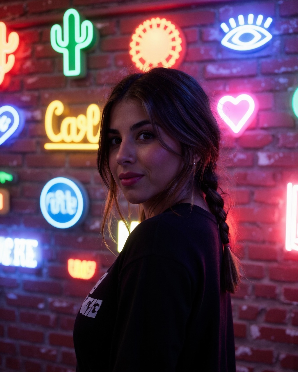 A vivid,  neon-lit portrait of daniella_monet in profile. She has long,  braided hair and wears a black top with a graphic...