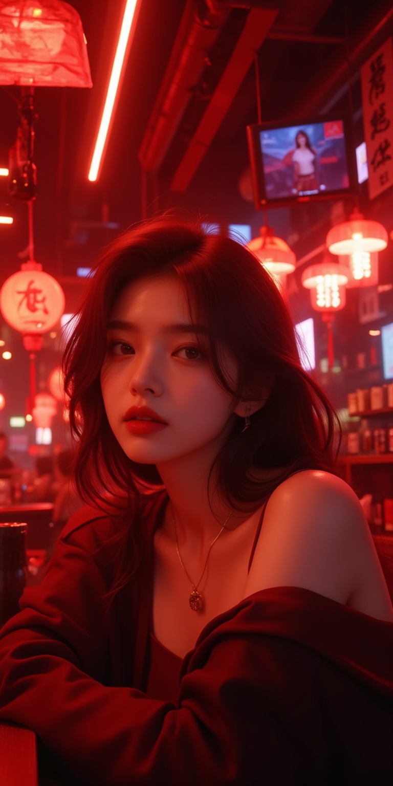 HK film style, close-up shot of an attractive woman wearing fashion outfit leaning against her arms with laziness facial expressions inside a bar, neon red lighting, in the style of Wong Kar Wai film, award-winning picture, highly detailed, ultra-high resolutions, 32K UHD, best quality, masterpiece,