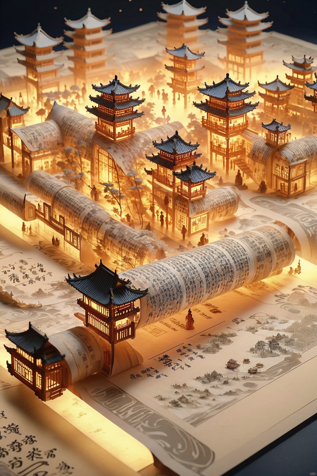 Scroll open, three-dimensional classical Chinese town architecture, yellow lighting, origami, three-dimensional relief style, realistic details, engraving, HD 8k