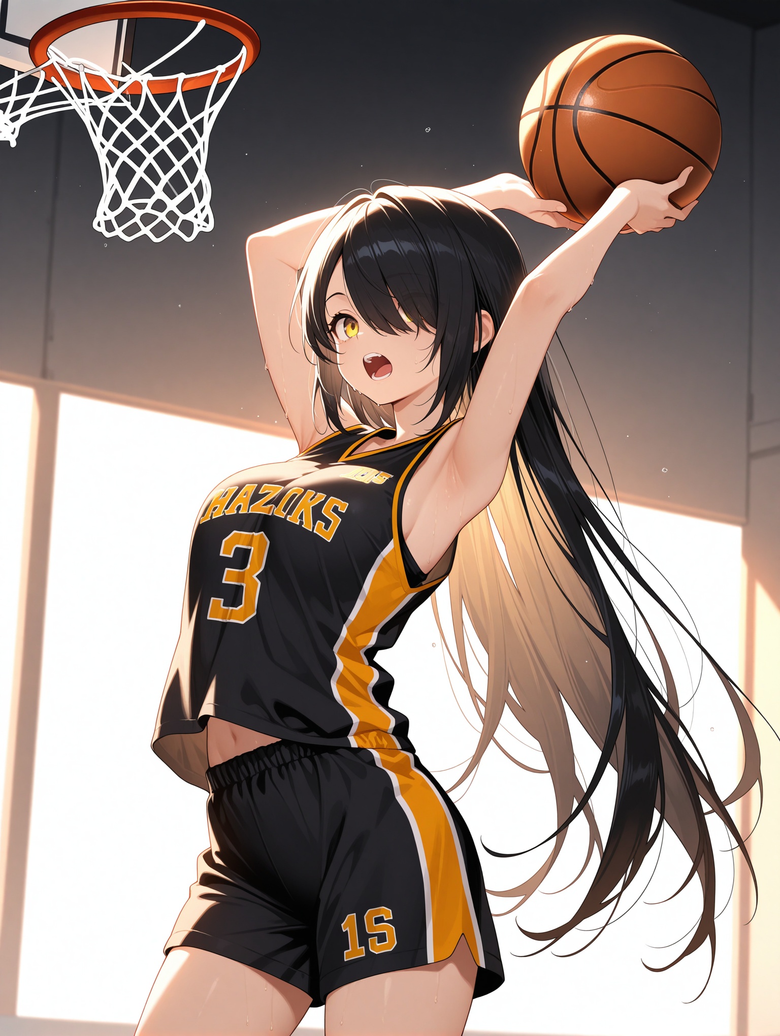 1girl, solo, long hair, breasts, open mouth, simple background, shirt, black hair, holding, very long hair, standing, yellow eyes, teeth, shorts, sleeveless, armpits, hair over one eye, arms up, black shirt, sleeveless shirt, black shorts, ball, sportswear, holding ball, basketball \(object\), basketball, basketball uniform, backlit, backlighting,masterpiece,best quality,amazing quality,