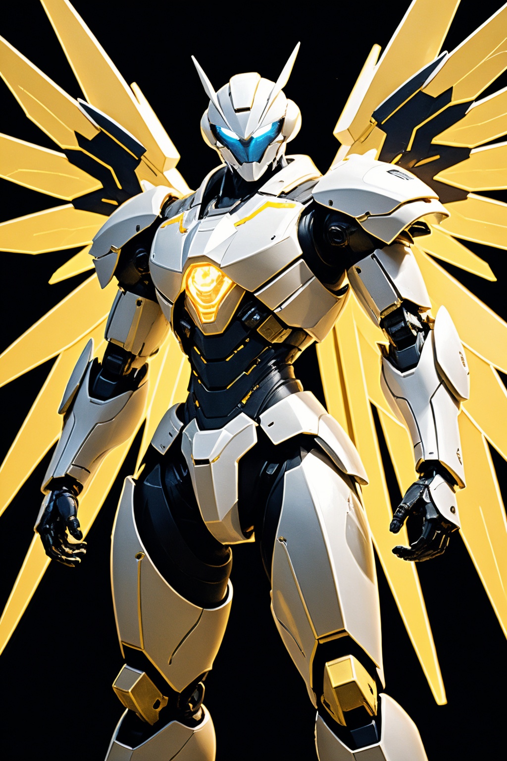 robot, mecha, wings, no humans, solo, glowing, science fiction, open hands, glowing eyes, blue eyes, mechanical wings, looking at viewer, standing, embers