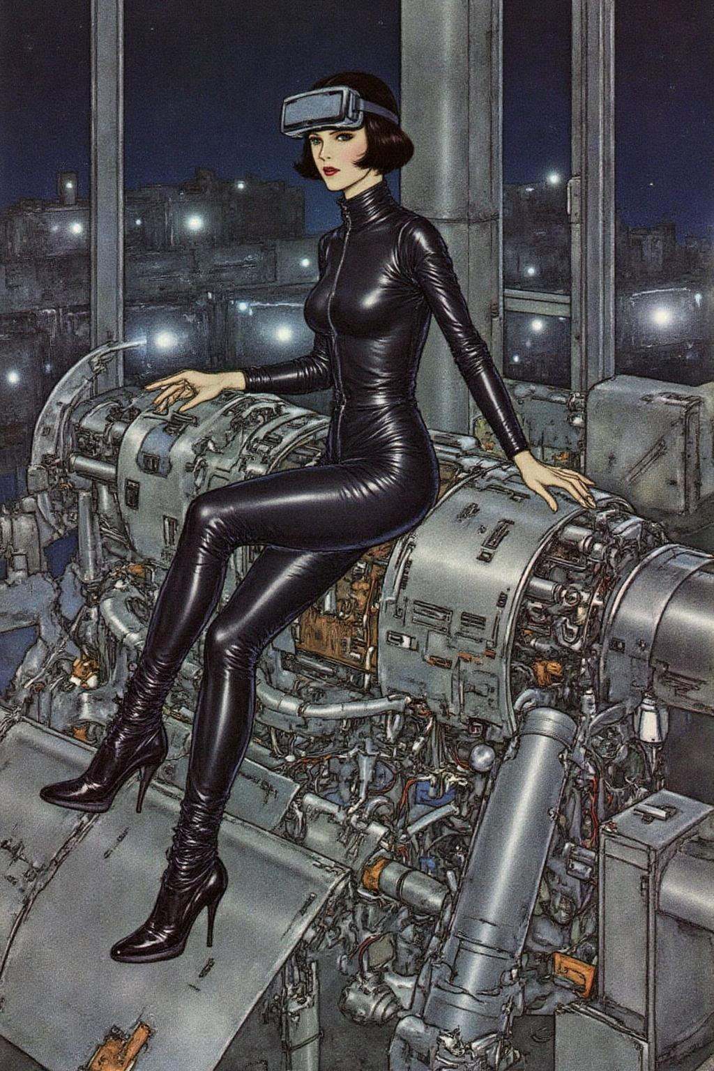 dulac1 illustration. a striking,  futuristic scene depicts a woman dressed in sleek,  form-fitting leather attire on Tenso...