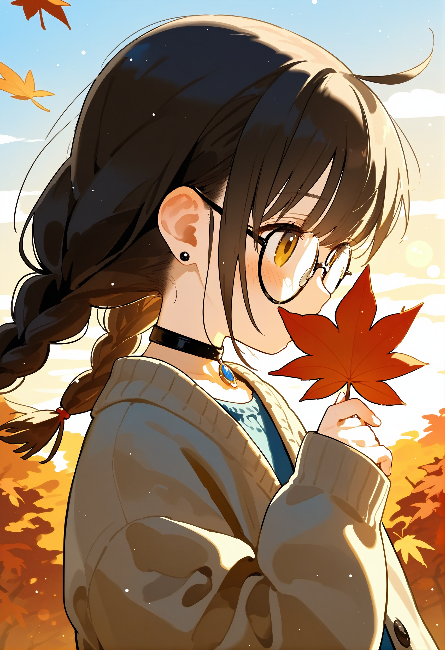 loli, 1girl, solo, leaf, glasses, braid, autumn leaves, holding, holding leaf, cloud, long hair, choker, twin braids, maple leaf, sky, black hair, autumn, wind, outdoors, floating hair, blush, jewelry, upper body, earrings, falling leaves, sunset, brown eyes, cloudy sky, long sleeves, covering own mouth, from side, collarbone, stud earrings, black choker, profile, cardigan, open cardigan, open clothes, shirt, evening, yellow eyes, piercing, black-framed eyewear, hand up, ahoge, jacket, ear piercing, day, twintails, sleeves past wrists, brown hair, light particles, round eyewear, brown jacket, covered mouth, sweater, orange sky, lens flare, pendant choker, sunlight, blue sky, artist name