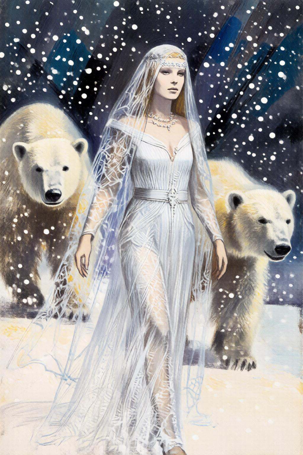 giannirenna2q illustration. dulac1. A Snow Queen with an ethereal appearance. She is dressed in a flowing,  long white gow...