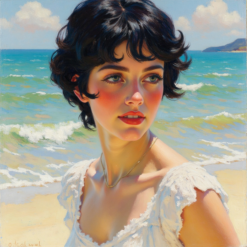 This is an impressionist painting by EdwardCucuel depicting a young woman black hair,  bleu eyes,  beach on Tensor.Art