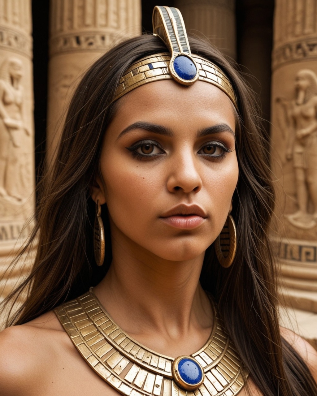 a hyper-realistic portrait of an ancient Egyptian princess from the time of the pharaohs,  mesmerizing and intense eyes th...