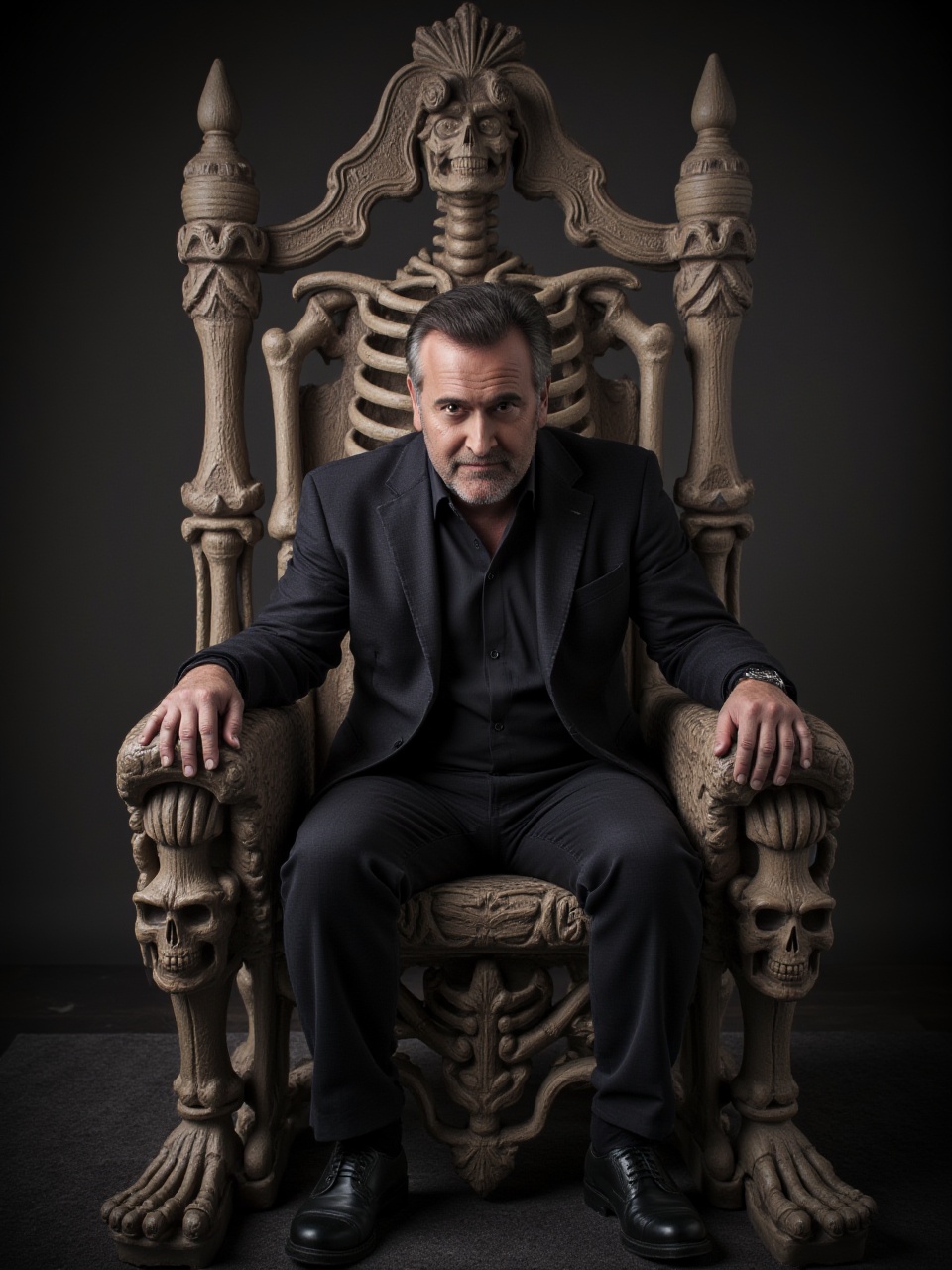 8ruc3c4mp83ll A man dressed as a horror movie host,  sitting on a throne made of rubber skeletons,  looking dramatically i...