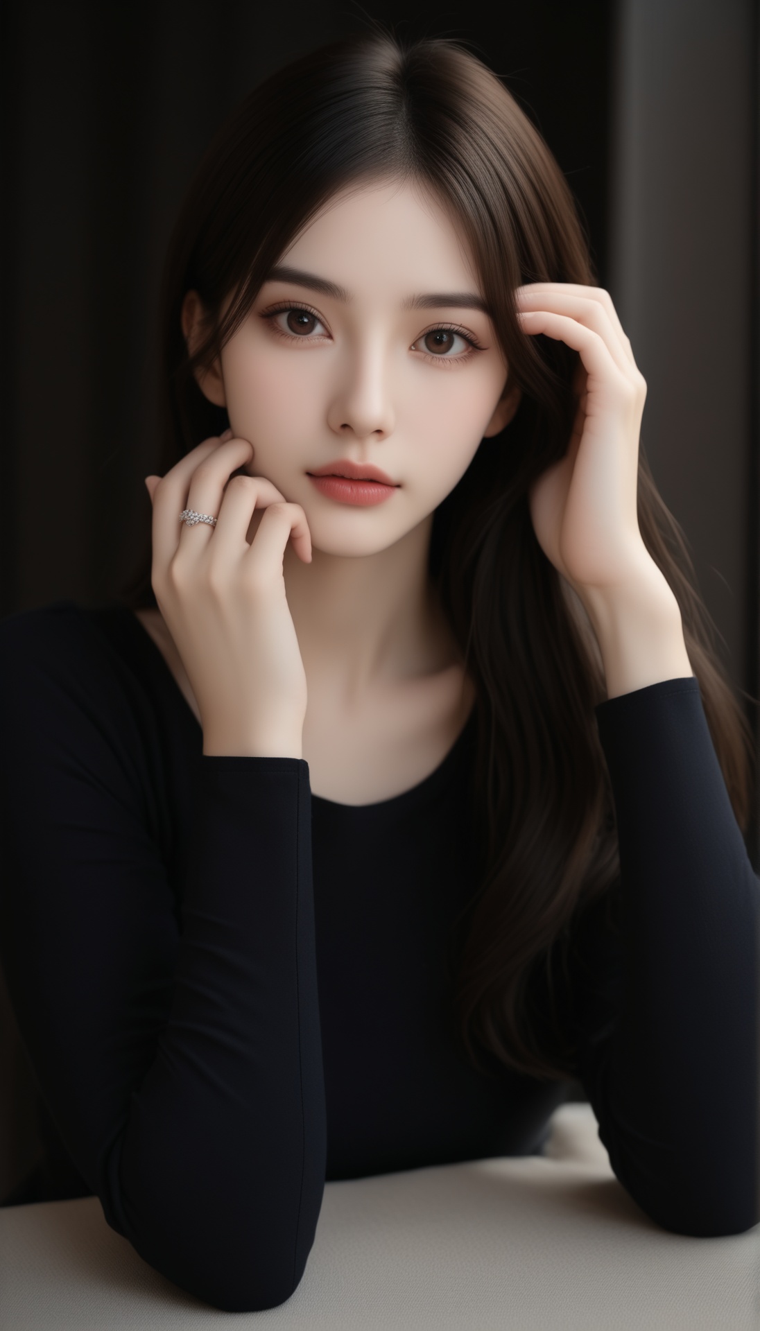 A photograph of a young woman with fair skin and long,  straight dark hair,  styled in a simple on Tensor.Art