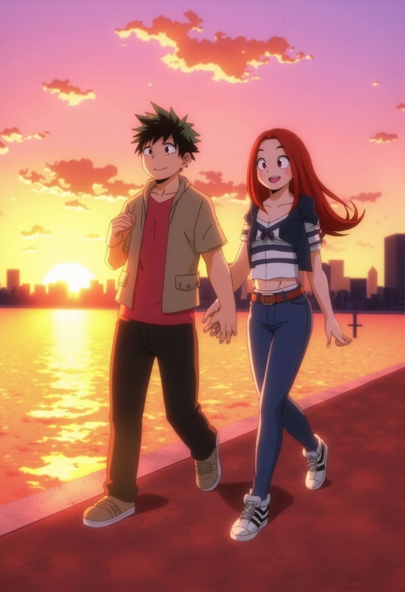 A young couple taking a stroll along a riverside promenade during sunset. Theyâre holding hands and smiling,  with the w...