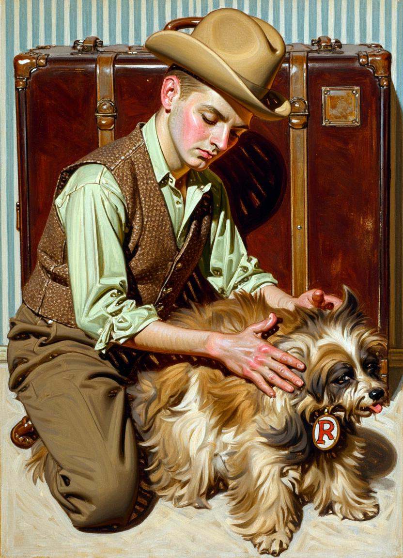 A hcartoon illustration by j.c. leyendecker of a skinny man and a dog in a nostalgic,  early 20th-century setting. The man...