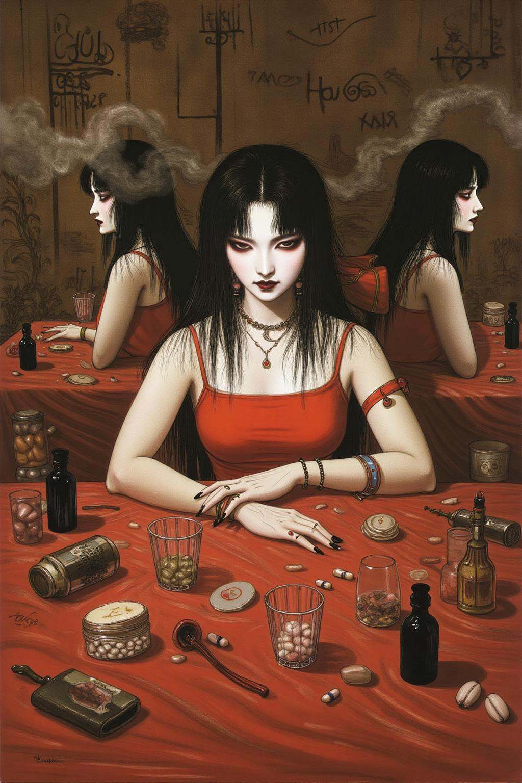 amayo illustration.Create a cinematic,  surreal portrait of a woman seated at a cluttered red table,  surrounded by mirror...